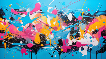 Vibrant Paint Splatter and Drips on Blue Background