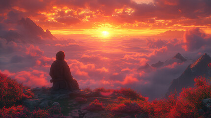 Person meditating on the cliff in sunrise