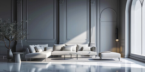 Luxury dark loft living room with concrete walls and white sofa. Interior background concept. Generative AI