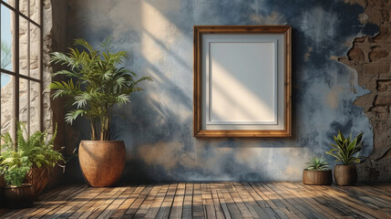 Cadre marron vide sur un mur au couleur chaleureuse