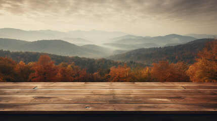 Wooden table mountains bokeh background, empty wood desk surface product display mockup with blurry nature hills landscape abstract travel backdrop advertising presentation. Mock up, copy space.