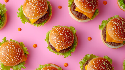 Cheeseburger pattern flat lay, top view, pastel pink background - obrazy, fototapety, plakaty