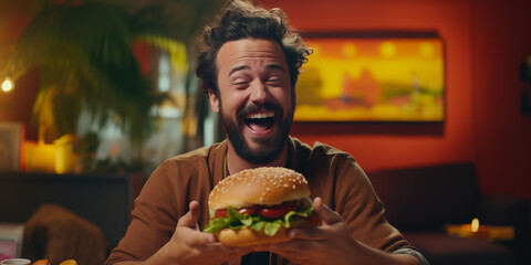 happy man eating hamburger - obrazy, fototapety, plakaty