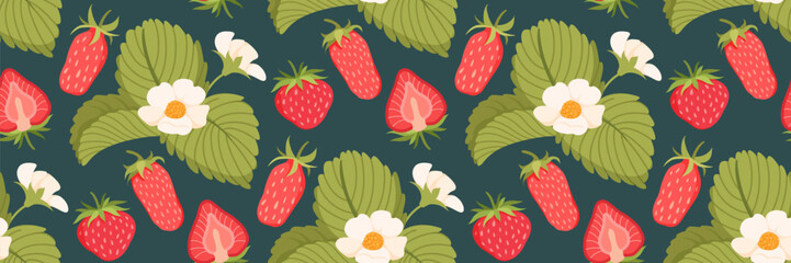 Seamless strawberry pattern. Berries, flowers and leaves, bush on dark background. Floral print.