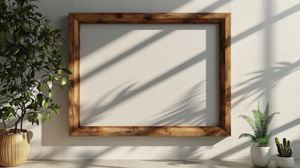 cadre blanc vide accroché à un mur blanc dans une pièce chaleureuse et douce avec du bois