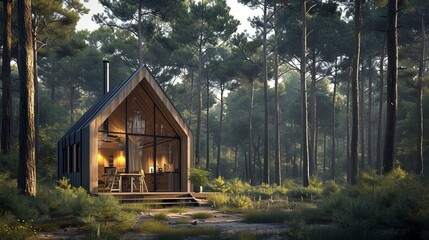 Elegant little house in forest in tall pine trees,  cozy wood terrace, in the style of wood walls and glass, minimalistic and clean, in the style of luxurious geometry