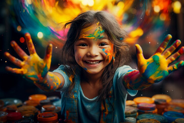 Smiling child with paint on his face and hands, Generated AI	
