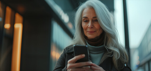 Ältere Frau mit Smartphone in der Hand | Stadtleben - obrazy, fototapety, plakaty