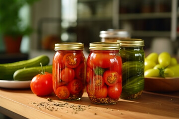 Salted red tomatoes and green gherkins in jars on a light wooden background