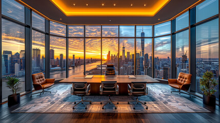 Bureau de directeur général en haut d'un building avec une vue sur la ville new York - obrazy, fototapety, plakaty