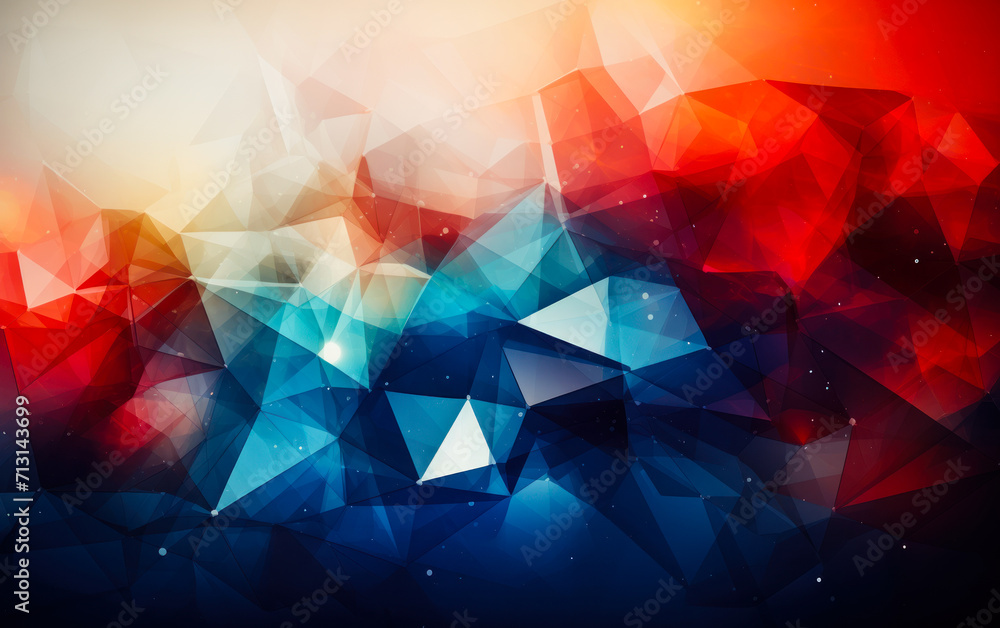 Poster abstract geometric background with a dynamic red and blue polygonal structure, symbolizing network c