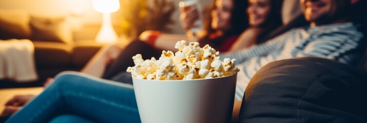 A couple in love sharing popcorn. Couple sitting on sofa with popcorn. - obrazy, fototapety, plakaty