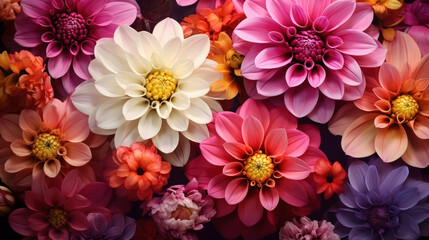 A vibrant tapestry of full-bloom dahlia flowers, their radiant petals showcasing nature's palette in a dazzling array of pinks and oranges