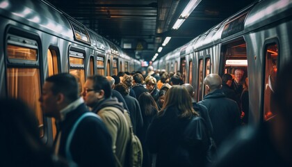 A crowded train station with commuters from different backgrounds. Crowded subway train. - obrazy, fototapety, plakaty