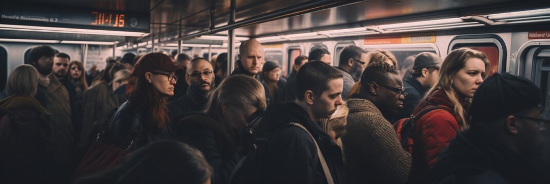 People patiently awaiting their New York metro subway train. A crowded train station with commuters.