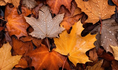 Colorful leaves are scattered around on the ground, large scale, top view, detailed texture. Autumn wallpaper.