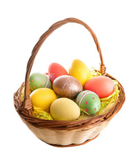 Basket of Easter Egg Shaped Chocolates in Vitamin Colored Wrappings on Transparent Background, PNG file