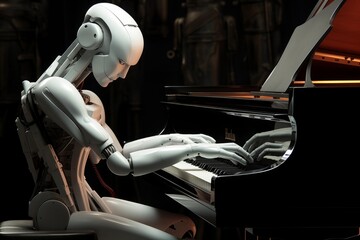 Sci-fi humanoid robot android plays piano robotic fingers touch stylish musical instrument notes...