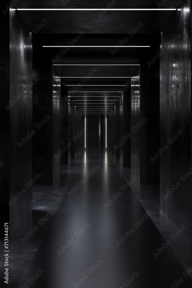Poster a long hallway with black walls and illuminated by lights. suitable for various projects and designs