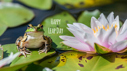 Leap Day 29 February 2024 greeting card with green frog on a water lily and text Happy Leap Day. Leap year, one extra day card