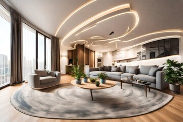 panorama in equirectangular projection in interior of living room in modern flat apartments