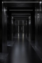A long hallway with black walls and illuminated by lights. Suitable for various projects and designs