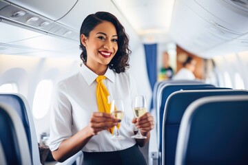 flight attendant serving drinks to passengers - obrazy, fototapety, plakaty