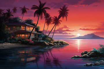 Naklejka premium Beautiful sunset painting with boats, rivers, houses and trees.