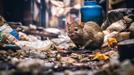 Brown rat scavenging amidst urban waste and plastic pollution - obrazy, fototapety, plakaty