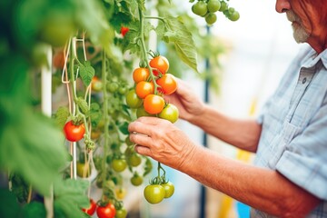 hand harvesting ripe tomatoes from a hydroponic garden
