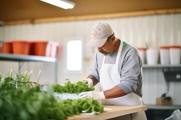 hydroponic farm worker packaging freshly harvested herbs
