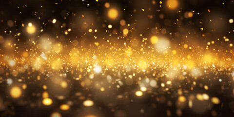 Fototapeta na wymiar Golden glitter bokeh lighting texture blurred abstract background for birthday anniversary wedding new year eve or christmas 