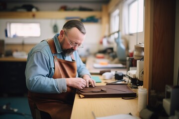 leatherworker stitching a wallet on a workbench - obrazy, fototapety, plakaty