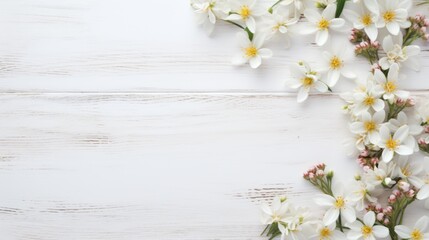 Pretty spring flowers on white wooden background with copy space for your design. Spring background concept