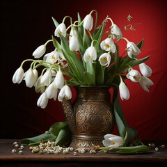 A tulip bouquet with March 8 inscription. Happy March 8th. Women's Day. Mother's Day. Happy Easter