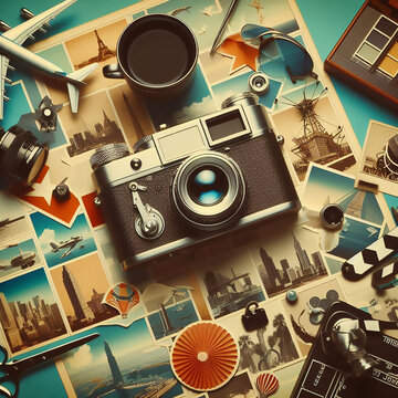 Retro camera and photographs on the table in retro style