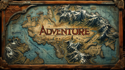 The word 'ADVENTURE' on a mystical map with foreign characters