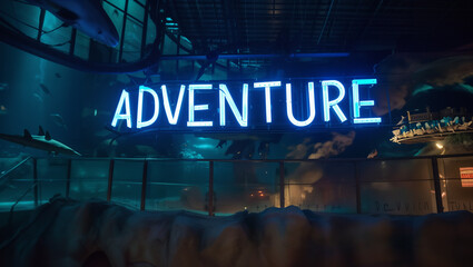 The word 'ADVENTURE' on an illuminated sign at the entrance to the underwater fantasy world