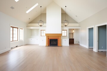 high ceiling living room space, empty with recessed lights