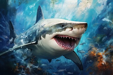 Fototapeta premium Great White Shark in the deep blue ocean. Ecology and environmental protection concept