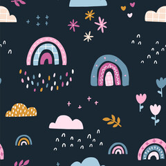 Naklejka premium Rainbow in the rain seamless pattern. Summer nursery vector background in colorful trending colors. Hand-drawn childish naive illustrations in a simple Scandinavian style in a limited palette.