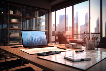 Office with modern devices and hand drawn project presentation 3D rendering