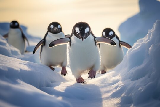 Adelie penguins in Antarctica. Ecology and environmental protection concept