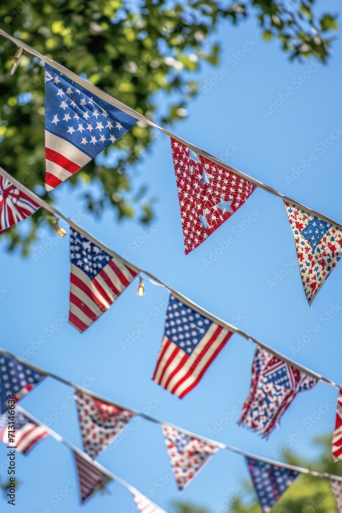 Poster a colorful display of flags hanging from a string. perfect for adding a festive touch to any event o
