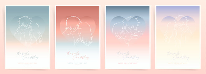 Saint Valentine's Day Poster Template. Lovely Modern Manga A4 Brochure Cover Design. Invitations, Greeting Cards or Post Templates with Valentine Day Gradients, Cute Couples in Japanese Anime Style.