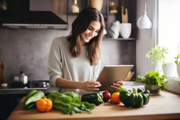 Happy millennial young woman cooking dinner in home kitchen, using tablet computer at table with vegetables, dish, reading online recipe, watching organic food blog