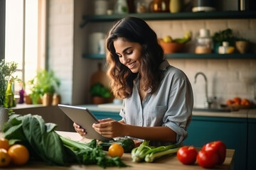 Happy millennial young woman cooking dinner in home kitchen, using tablet computer at table with vegetables, dish, reading online recipe, watching organic food blog