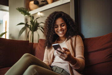 Happy young Latin woman sitting on sofa holding mobile phone using cellphone technology doing ecommerce shopping, buying online, texting messages. - obrazy, fototapety, plakaty