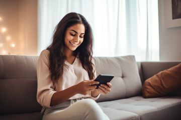 Happy young Latin woman sitting on sofa holding mobile phone using cellphone technology doing ecommerce shopping, buying online, texting messages.