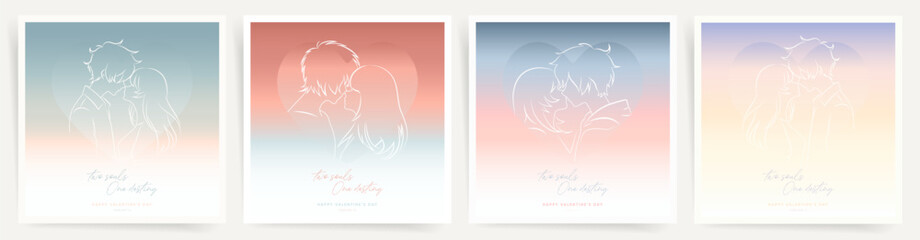 Valentine's Day Anime Square Design Template Set. Anime Style Characters and Gradient Backgrounds for Greeting Card Design. Couple of lovers. Cute Social Valentine Love Background.